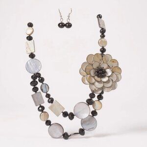 Grey Mother Of Pearl Shell Bead Black glass bead Side Flower Necklace Earring